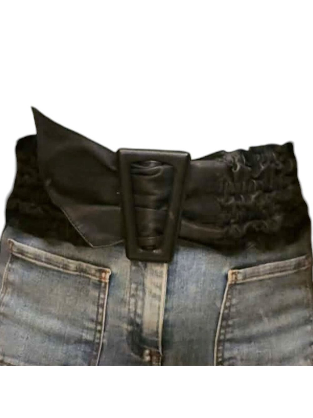 Vintage Jan Barboglio Black Leather Ruched Ruffle Wide Waist Cincher Belt Medium